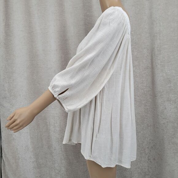 Allie Rose Linen Blend Peasant Blouse Top Beige Oatmeal White Crochet Lace NEW - Picture 3 of 11